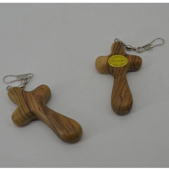 Lot of 2 Crosses Fishing Hooks Hand Carved 3.5" Natural Wood - Picture 4 of 7
